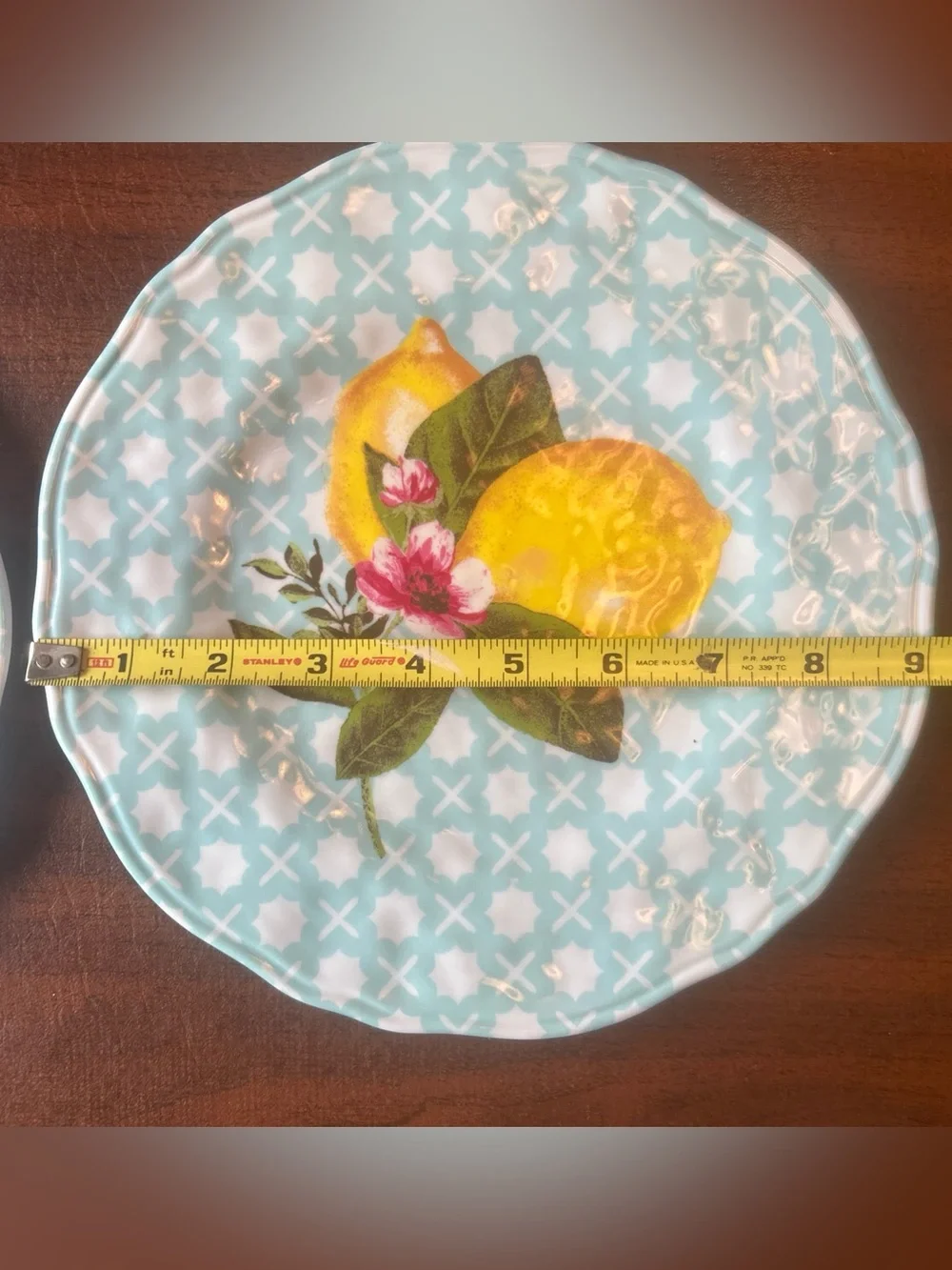 Shabby Chic Melamine Lemon Floral Plate Set of 8 Dinner & Salad Yellow Grn Blue